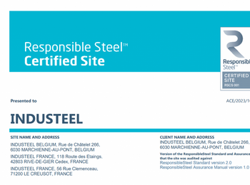 ArcelorMittal Industeel obtient la certification ResponsibleSteel™ pour ses usines de Charleroi, Le Creusot et Châteauneuf